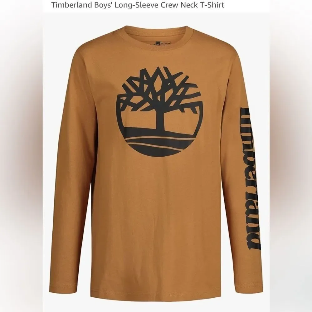 Timberland LG 14/16 Brown Long Sleeve Logo TShirt Cotton Casual Crew Neck shirt